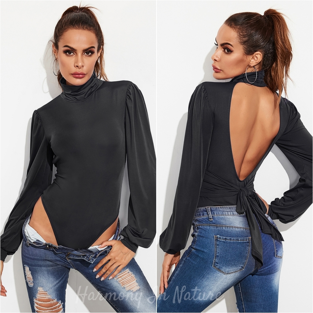 Tie the Night Backless Bodysuit - Black